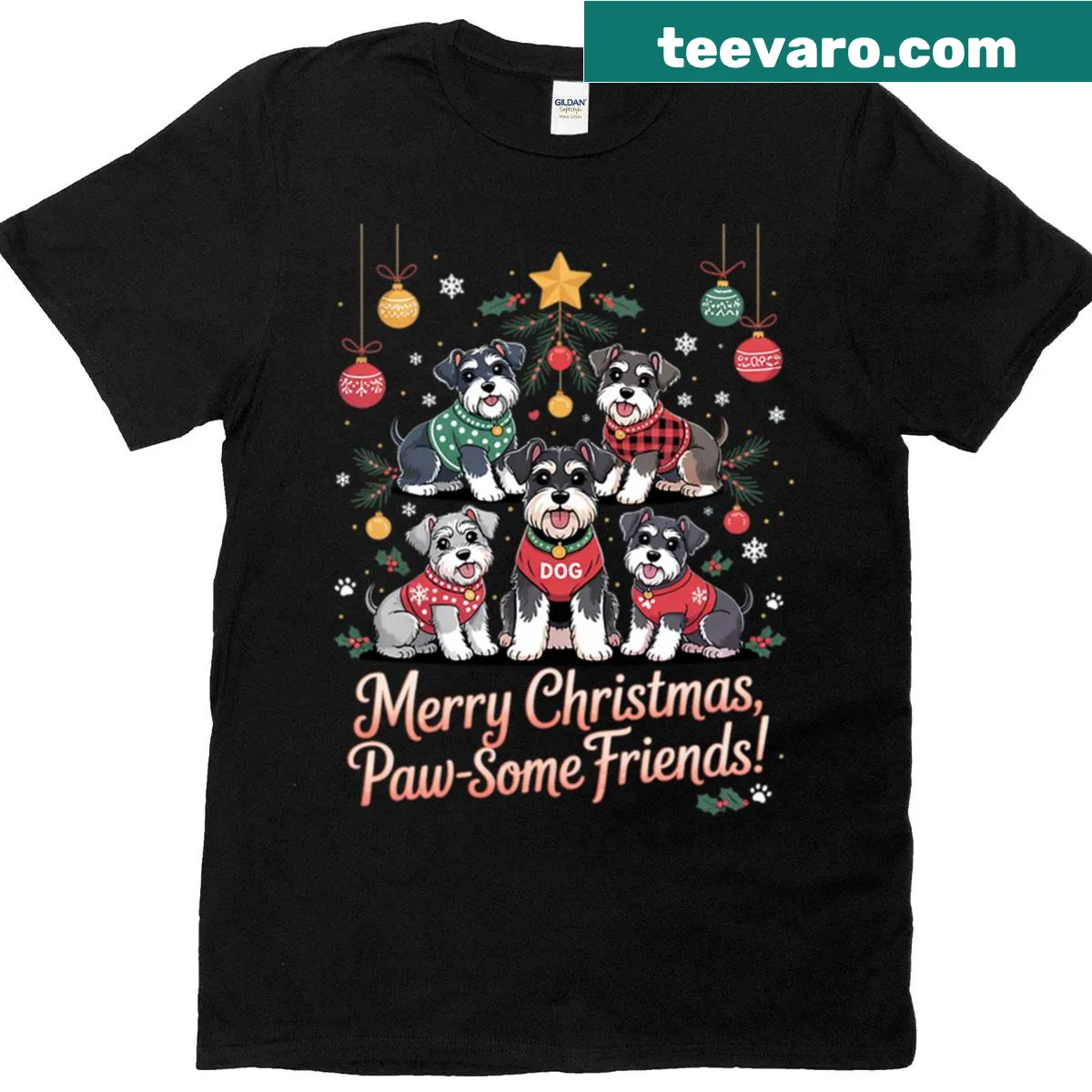 Christmas-themed t-shirt featuring a Miniature Schnauzer — on a men's t-shirt