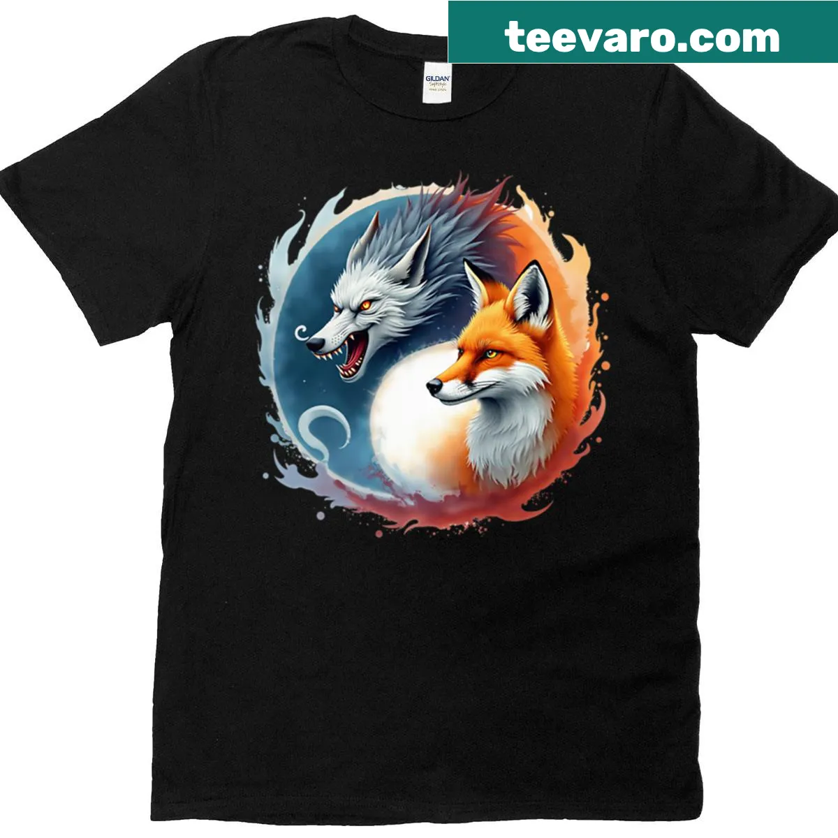Japanese-inspired art featuring two foxes under the moonlight on a t-shirt. — on a men's t-shirt