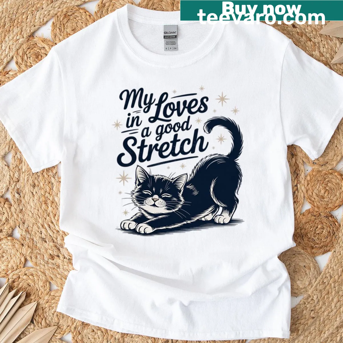 Vintage-style T-shirt with a humorous cat stretch meme design — on a men's t-shirt