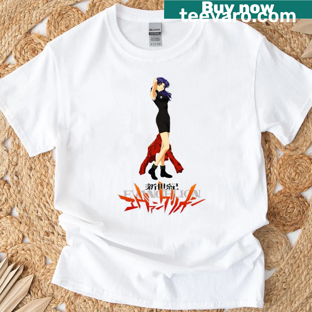 Illustrated design featuring Misato Katsuragi from Neon Genesis Evangelion — on a men's t-shirt