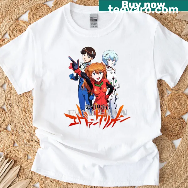 Illustrated T-shirt featuring characters Shinji, Asuka, and Rei from Neon Genesis Evangelion