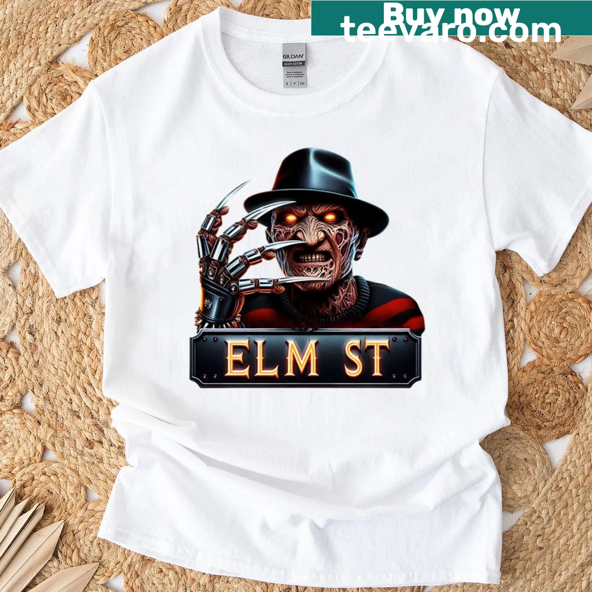 T-shirt with horror art inspired by Freddy, showcasing chilling graphics. — on a men's t-shirt