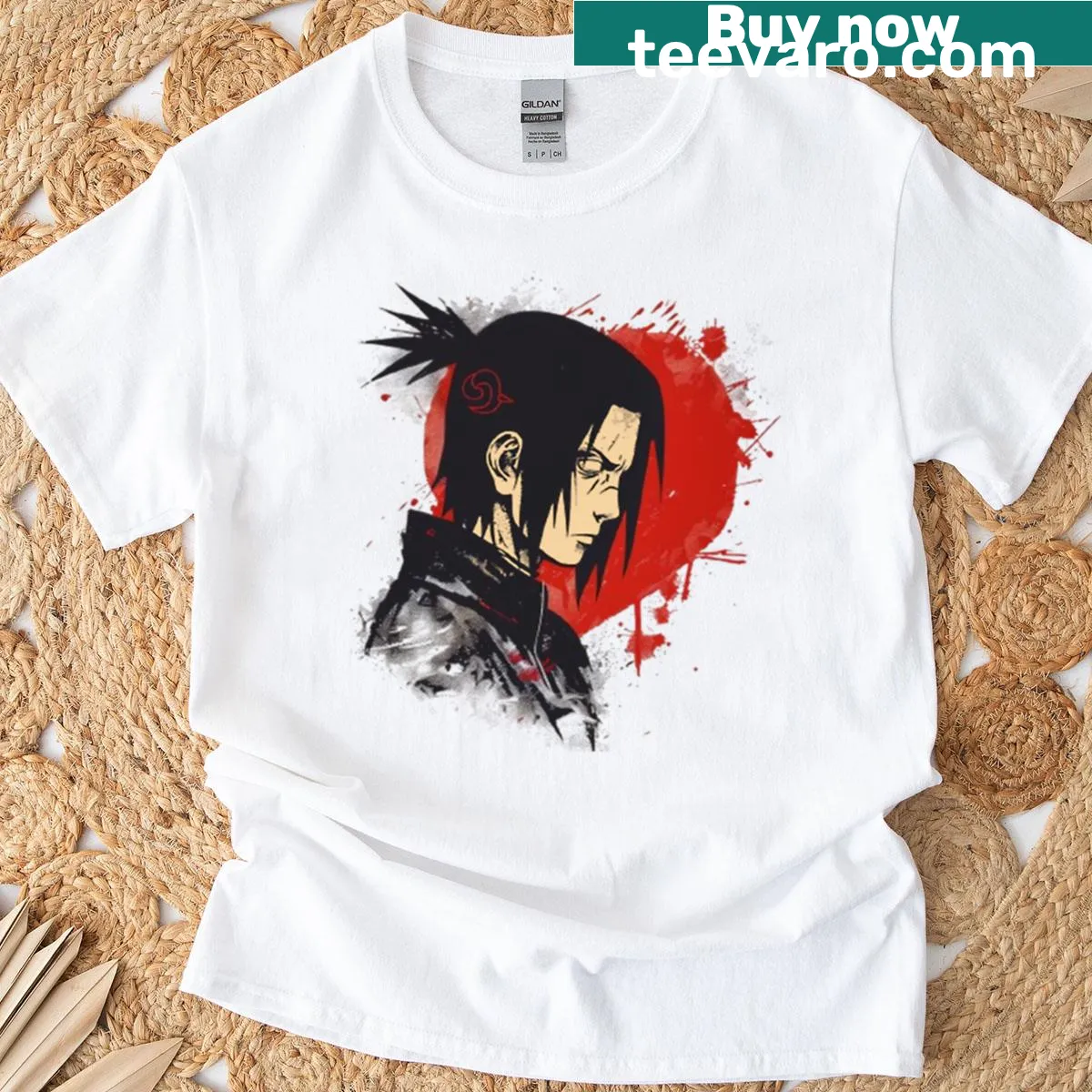 Ninja shadow portrait with red ink graphic on a t-shirt. — on a men's t-shirt