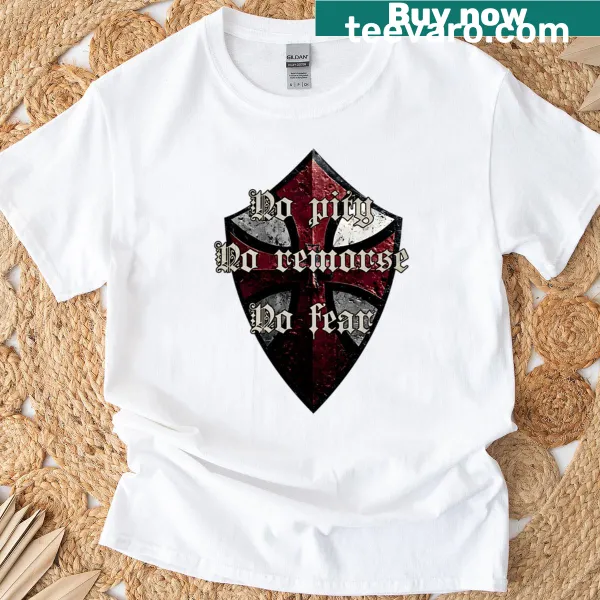 Bold typography t-shirt with 'No Pity No Remorse No Fear'.