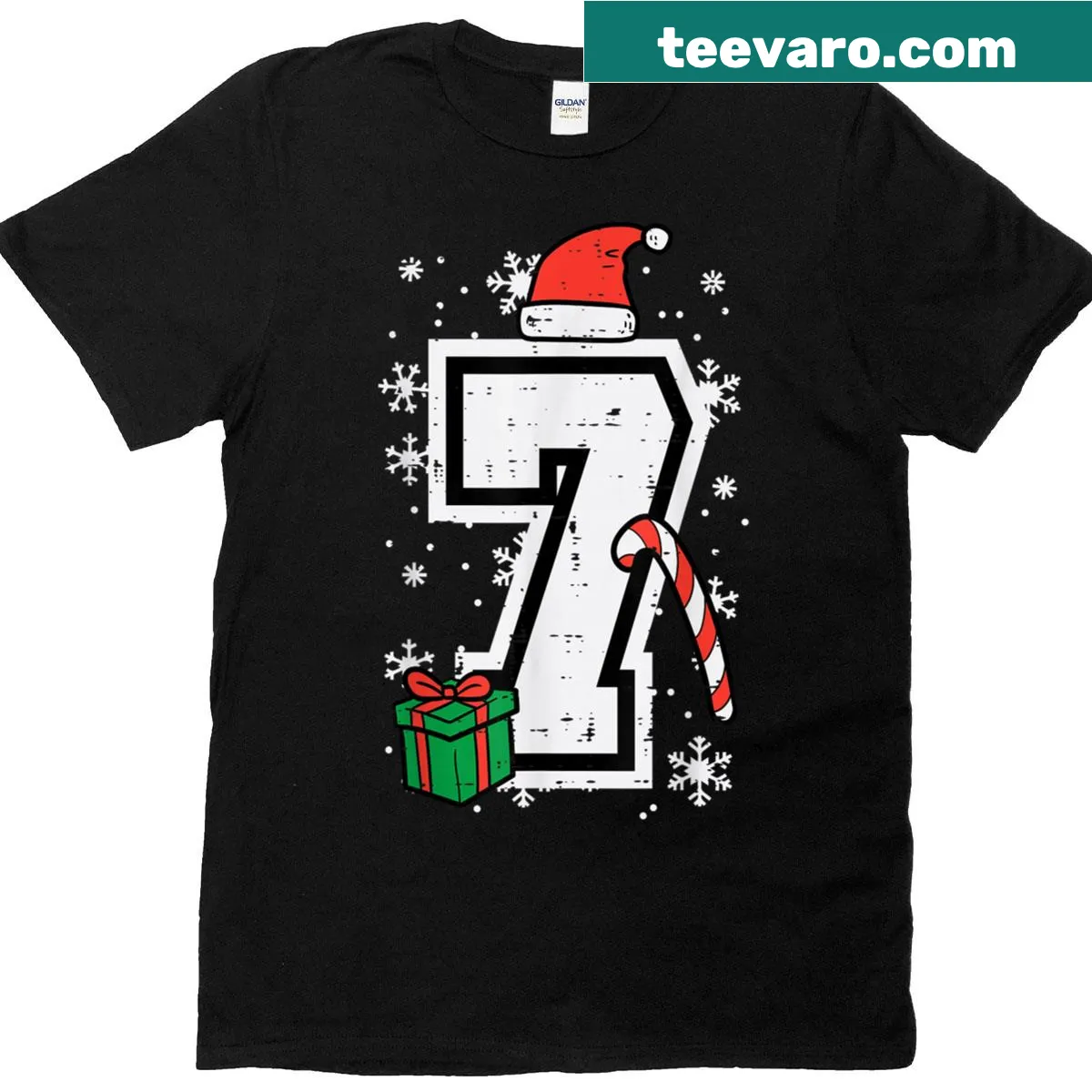 Playful numbers 6 and 7 Christmas themed t-shirt — on a men's t-shirt