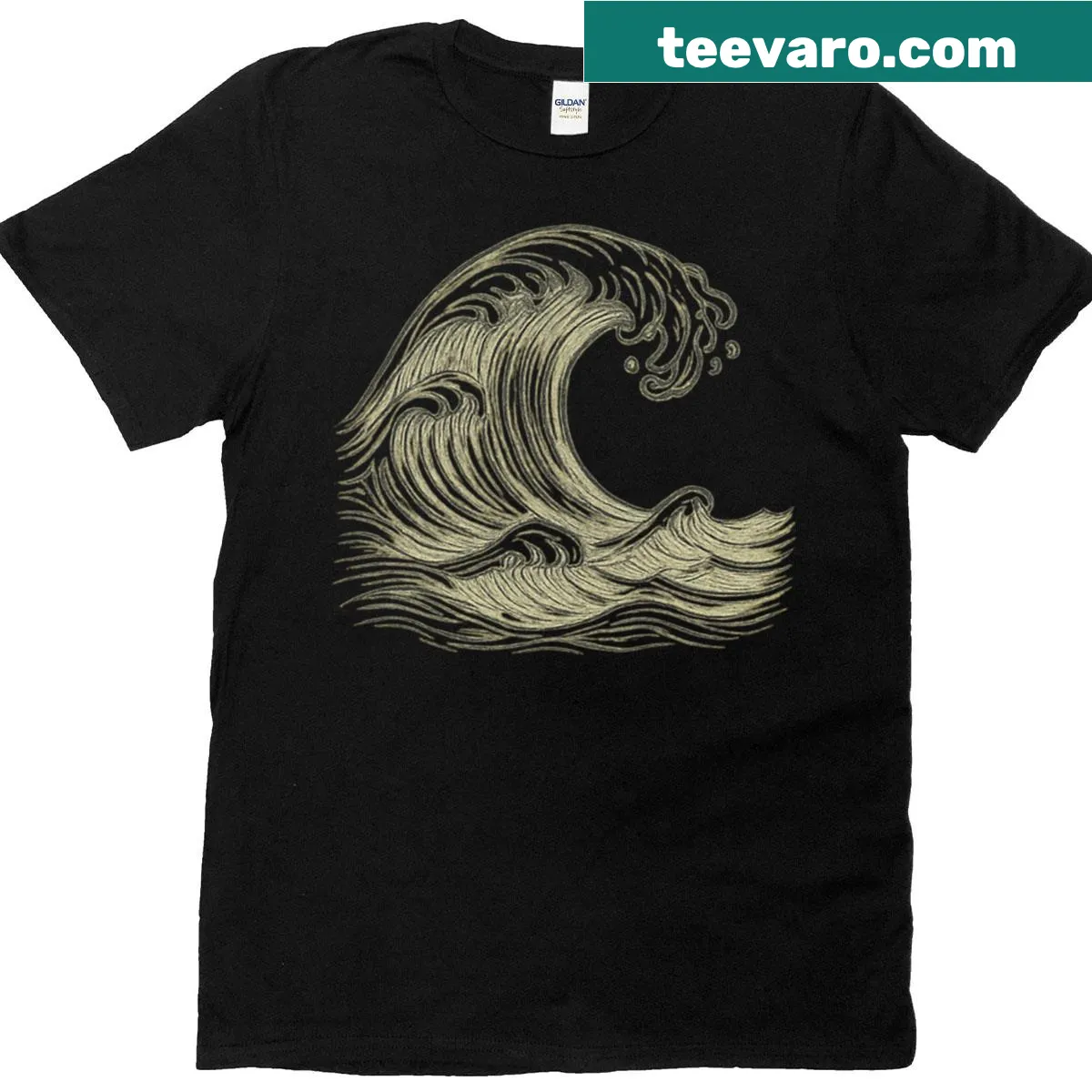 Minimalist line-art t-shirt featuring ocean waves — on a men's t-shirt