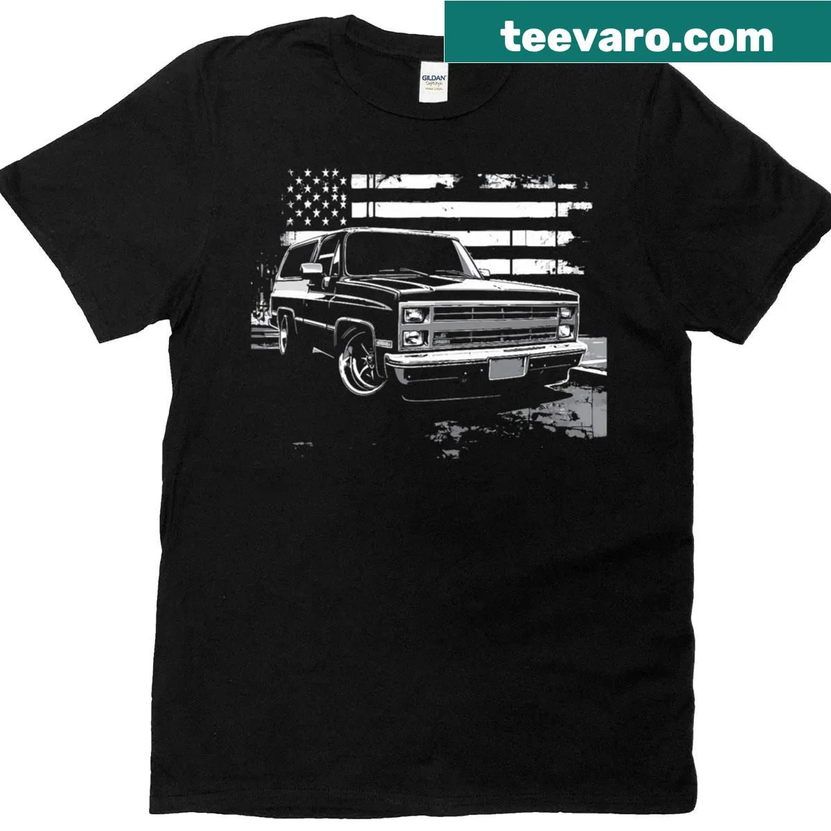 T-shirt featuring Old School USA Flag K5 4x4 front grill design — on a men's t-shirt