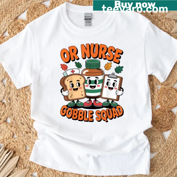 Playful Thanksgiving-themed T-shirt for nurses with gobble squad illustration