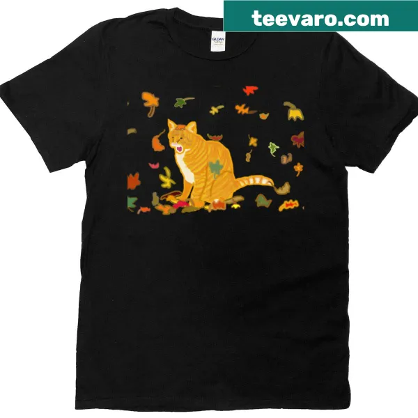 Adorable orange tabby cat with falling leaves design