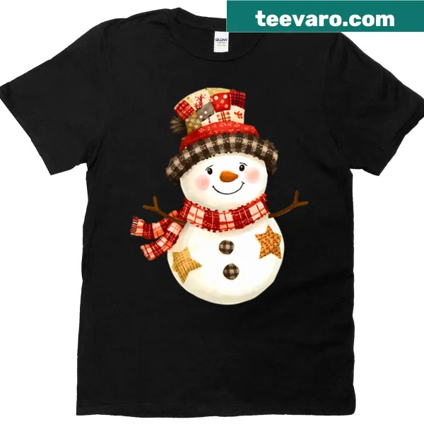 Rustic patchwork snowman graphic for holiday-themed t-shirt