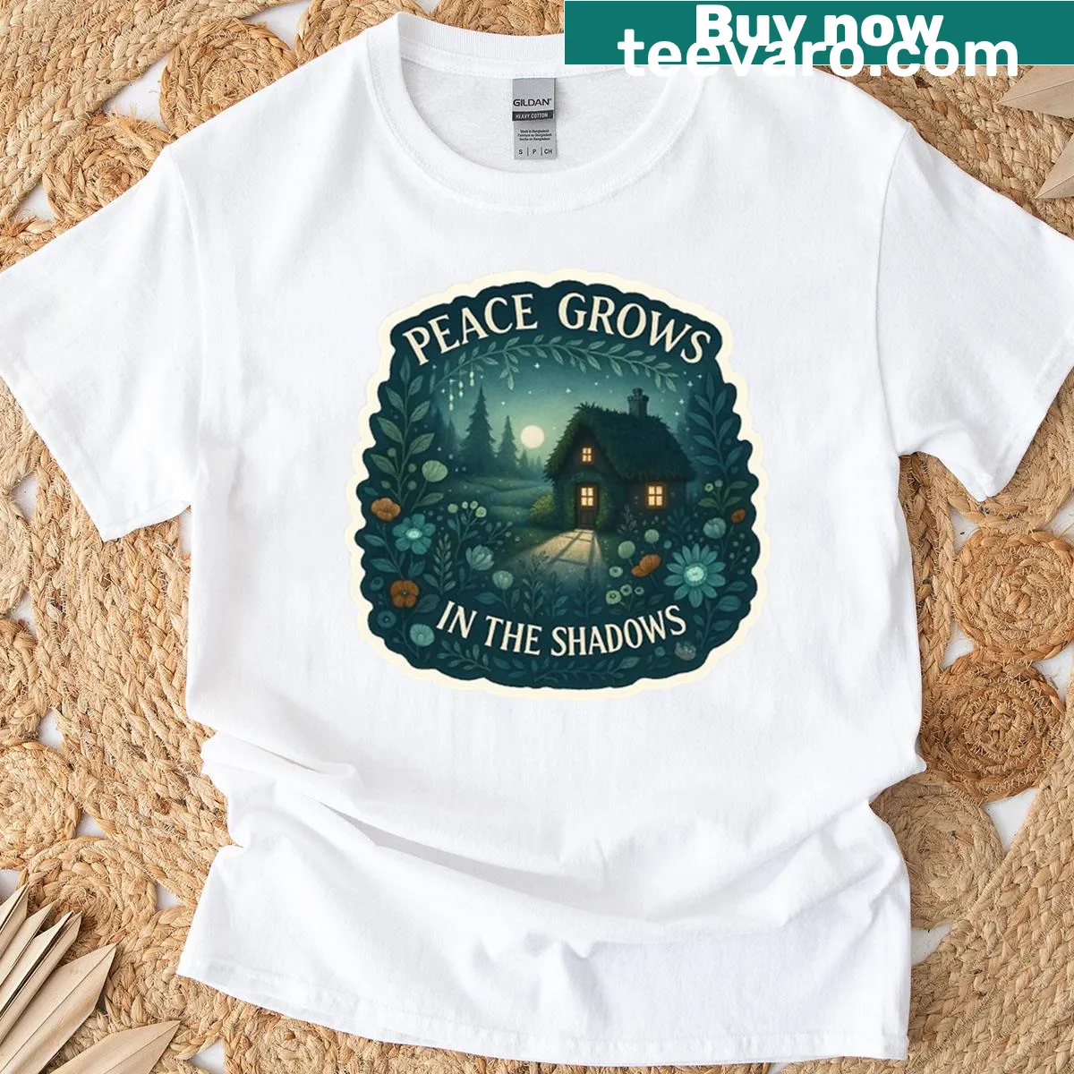 T-shirt featuring the phrase 'Peace Grows In The Shadows' in a minimalist design. — on a men's t-shirt
