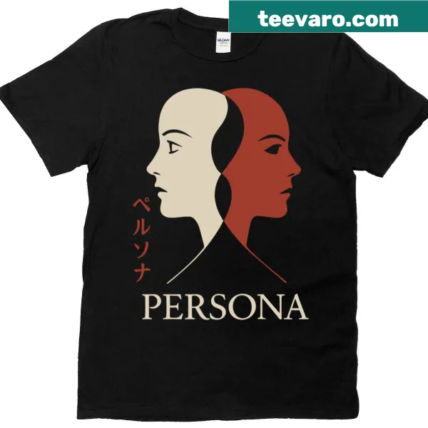Minimalist t-shirt featuring dual mask design from Persona 1966