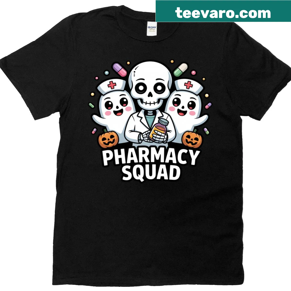 Halloween t-shirt with cute pharmacy skeleton design — on a men's t-shirt