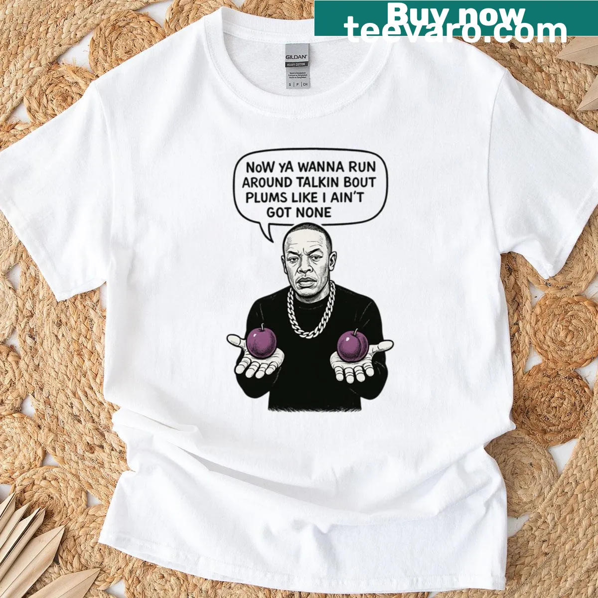 Artistic illustration of a plum on a t-shirt — on a men's t-shirt