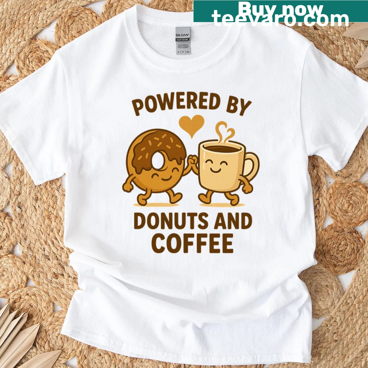 Funny Powered By Donuts And Coffee T-shirt with playful typography — on a men's t-shirt