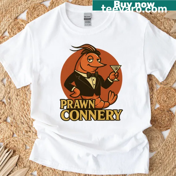 Cartoon shrimp spy named Prawn Connery on a t-shirt