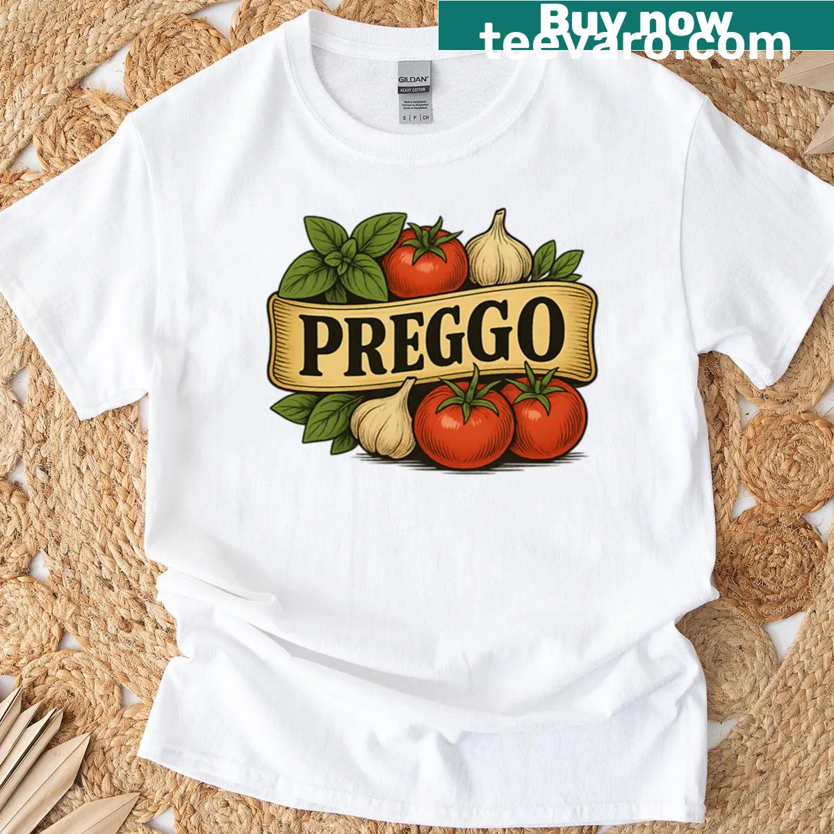 Vintage style t-shirt featuring 'Prego Italian Tomato Herb' design — on a men's t-shirt