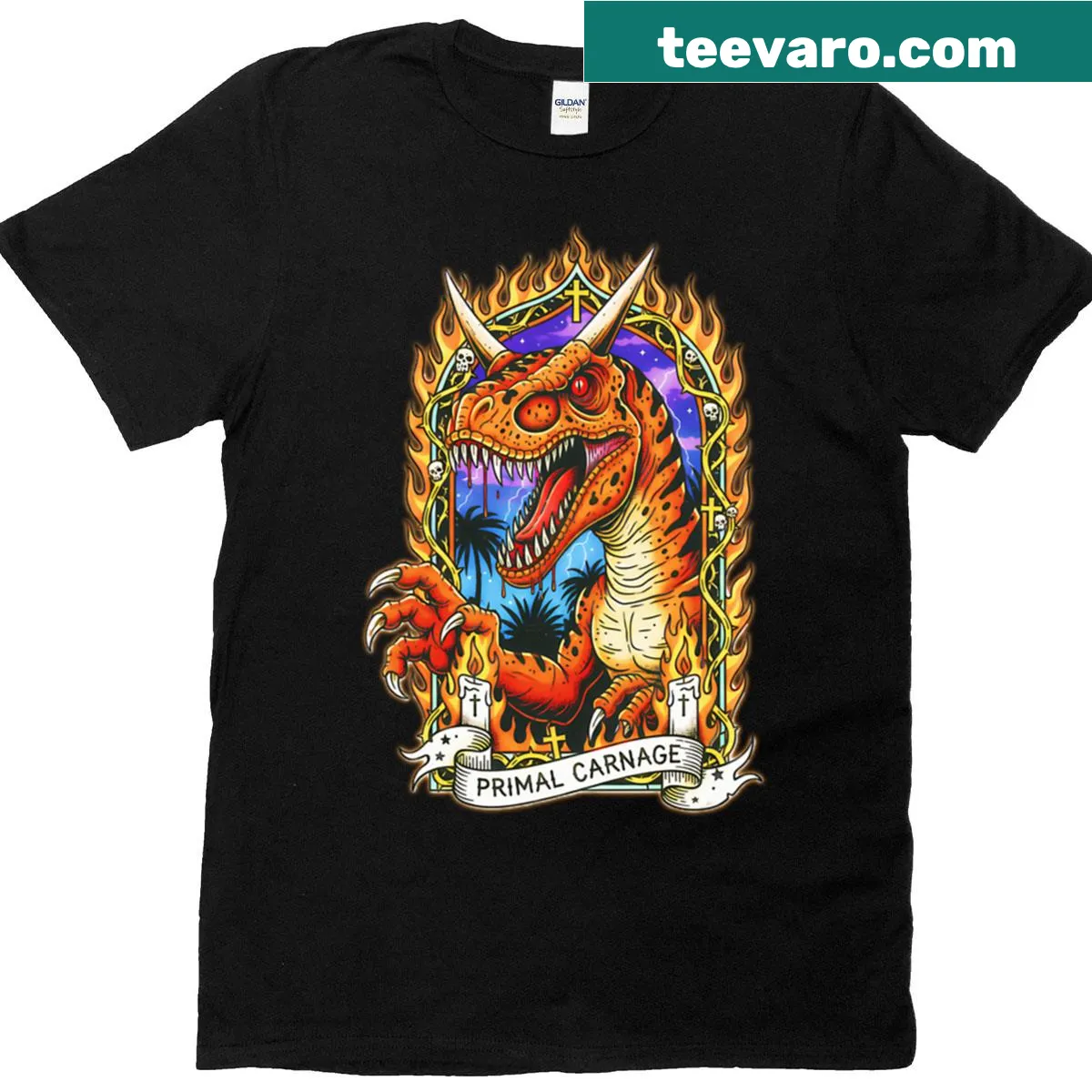 Scary vintage Carnotaurus dinosaur t-shirt — on a men's t-shirt