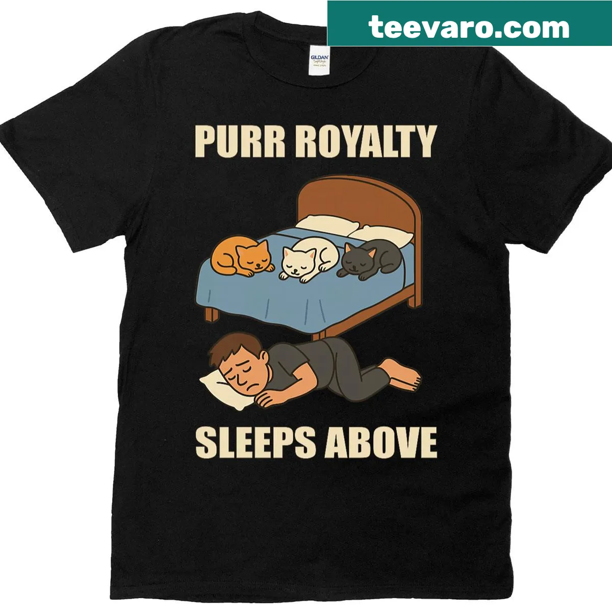 Funny cat lover t-shirt with 'Purr Royalty Sleeps Above' text — on a men's t-shirt