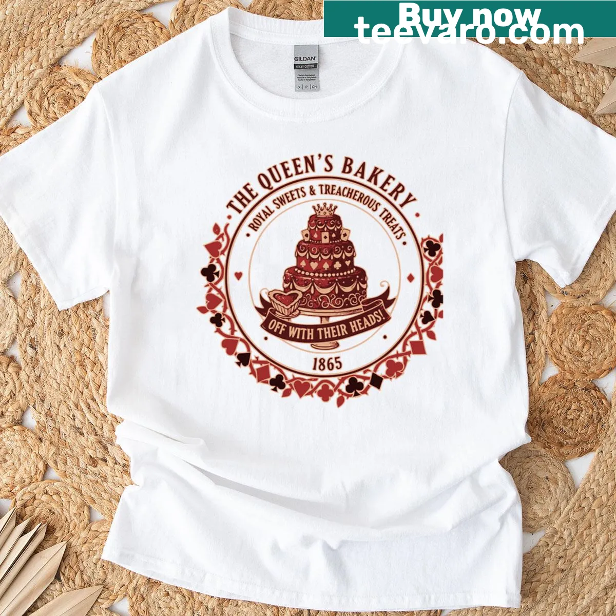 Whimsical bakery design featuring 'Queen of Hearts' theme — on a men's t-shirt