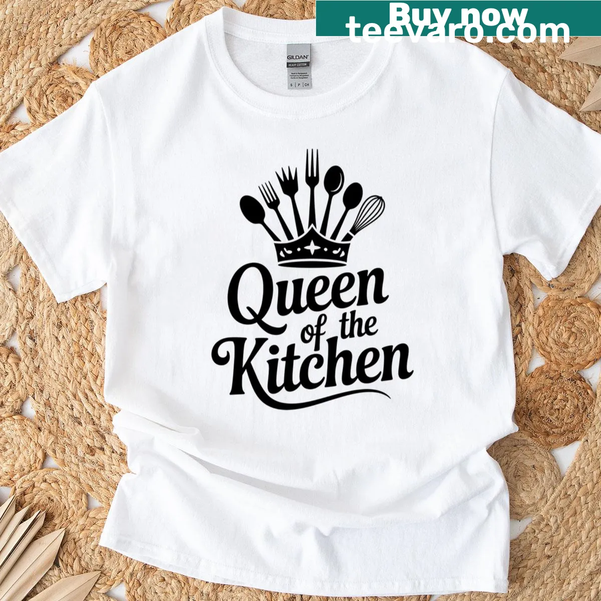 Whimsical 'Queen Of The Kitchen' graphic t-shirt — on a men's t-shirt