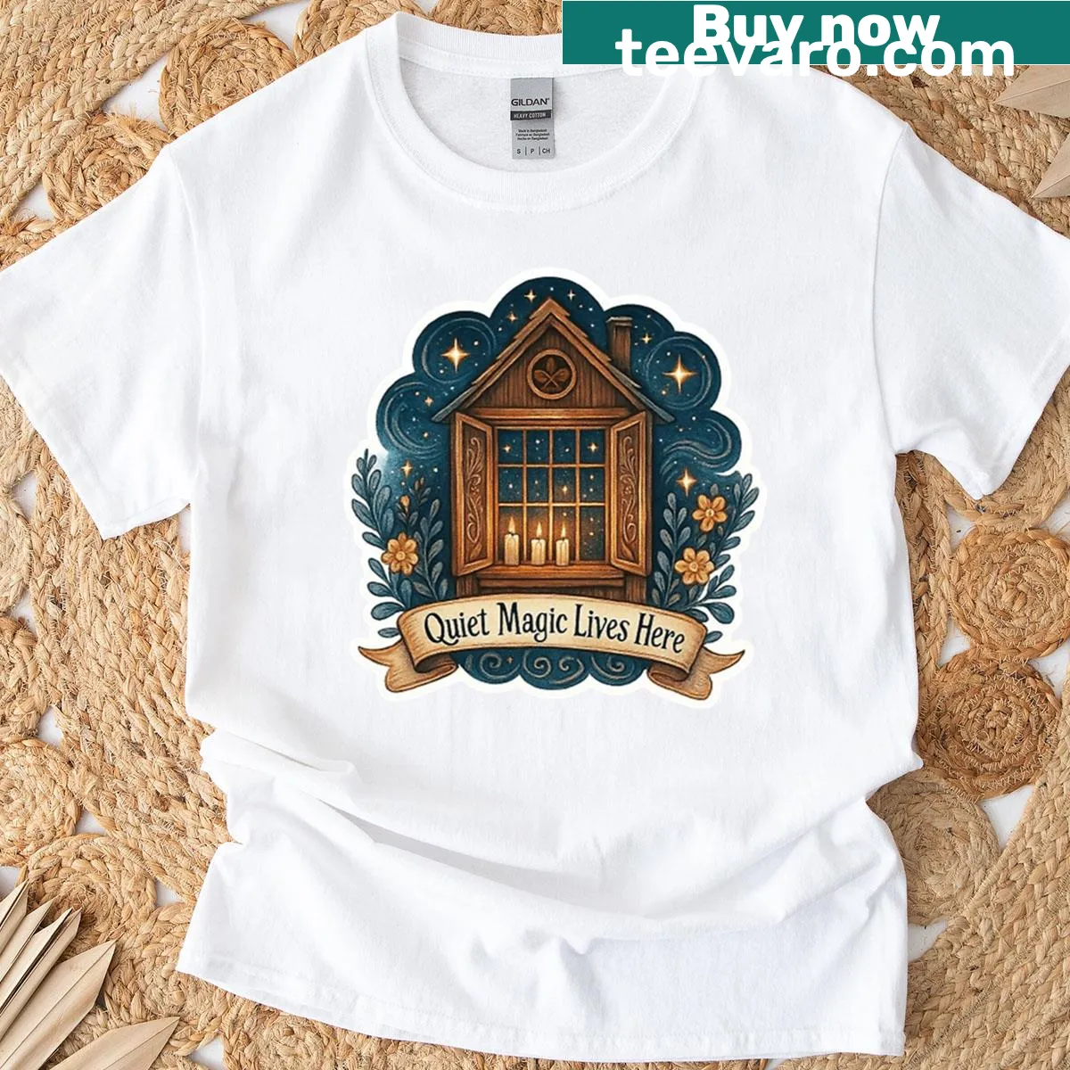Whimsical 'Quiet Magic Lives Here' T-shirt with playful typography — on a men's t-shirt