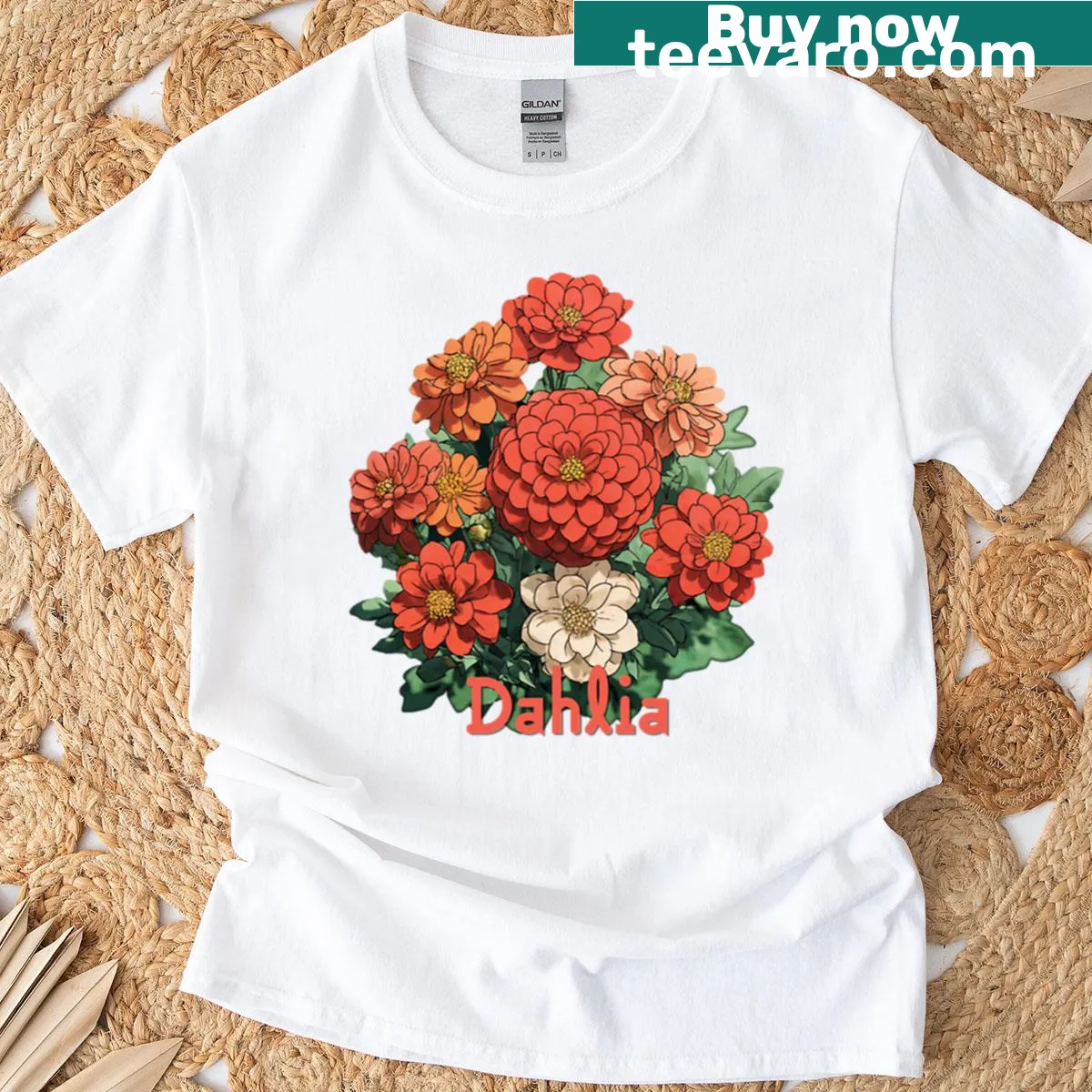 Botanical illustration of a dahlia flower design — on a men's t-shirt