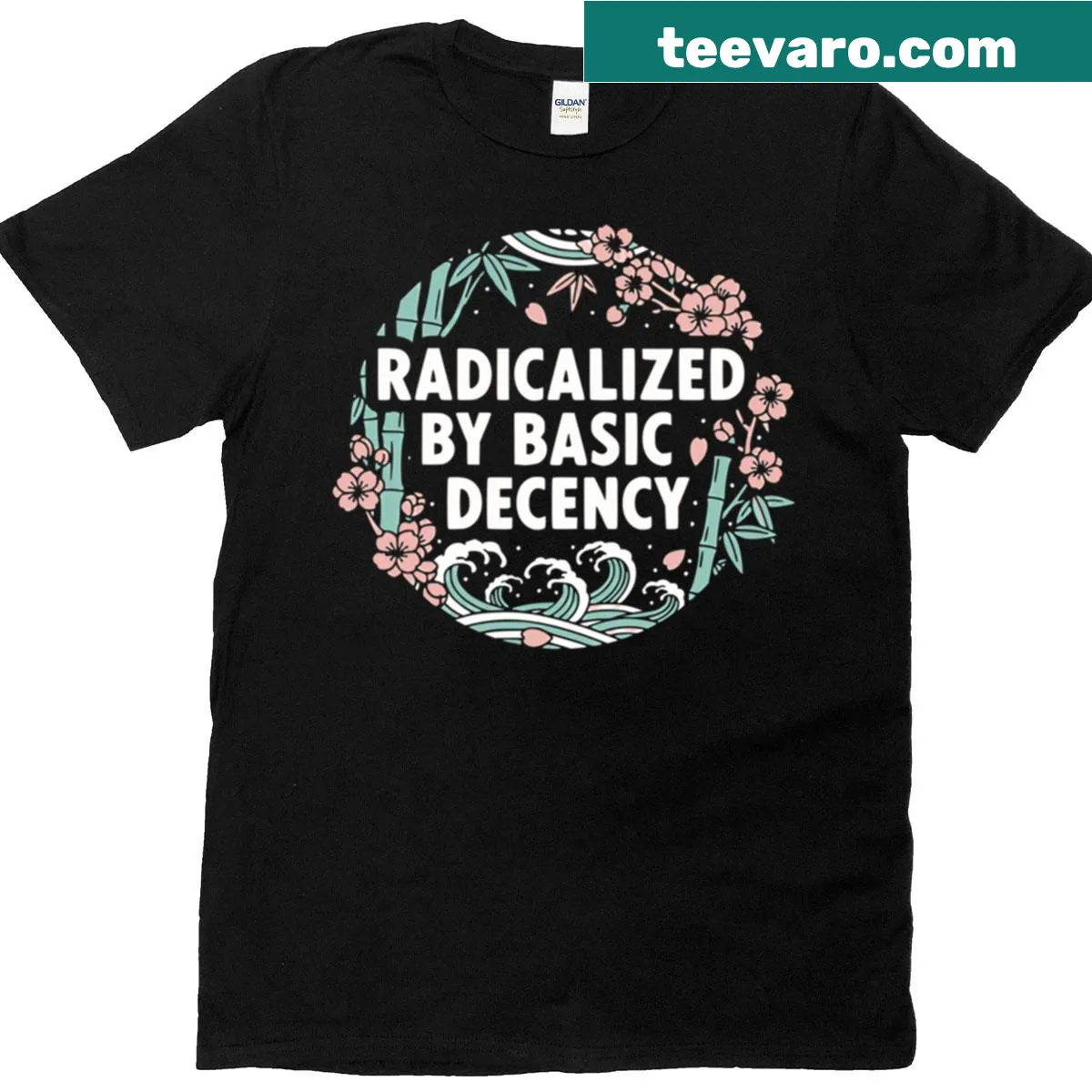 Floral wave protest t-shirt with 'Radicalized By Basic Decency' text — on a men's t-shirt