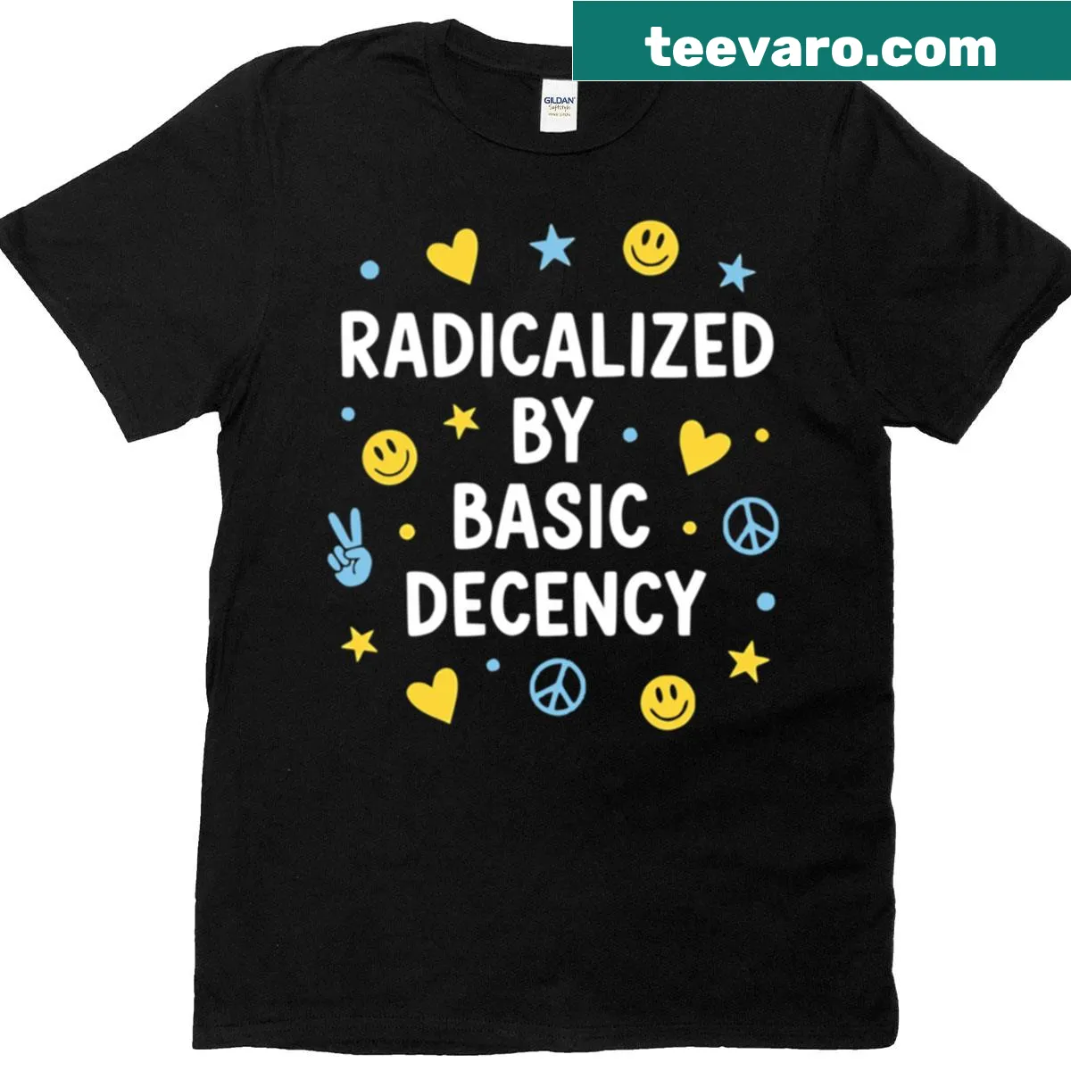 Retro t-shirt with smiley face and 'Radicalized By Basic Decency' text — on a men's t-shirt