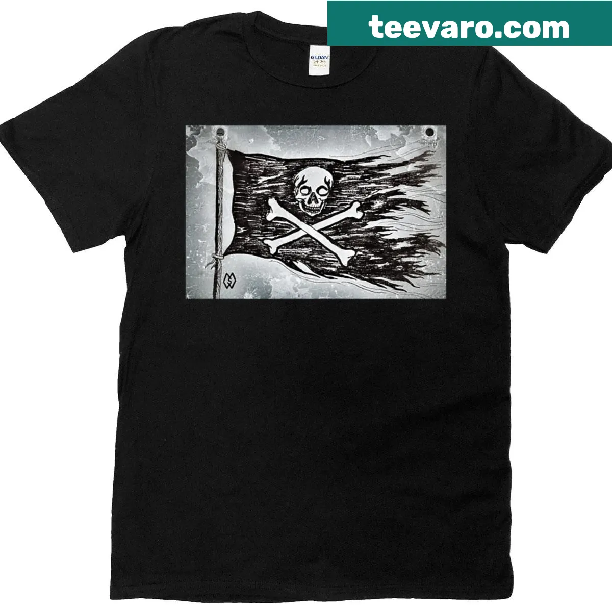 Illustrated T-shirt featuring a pirate flag design — on a men's t-shirt