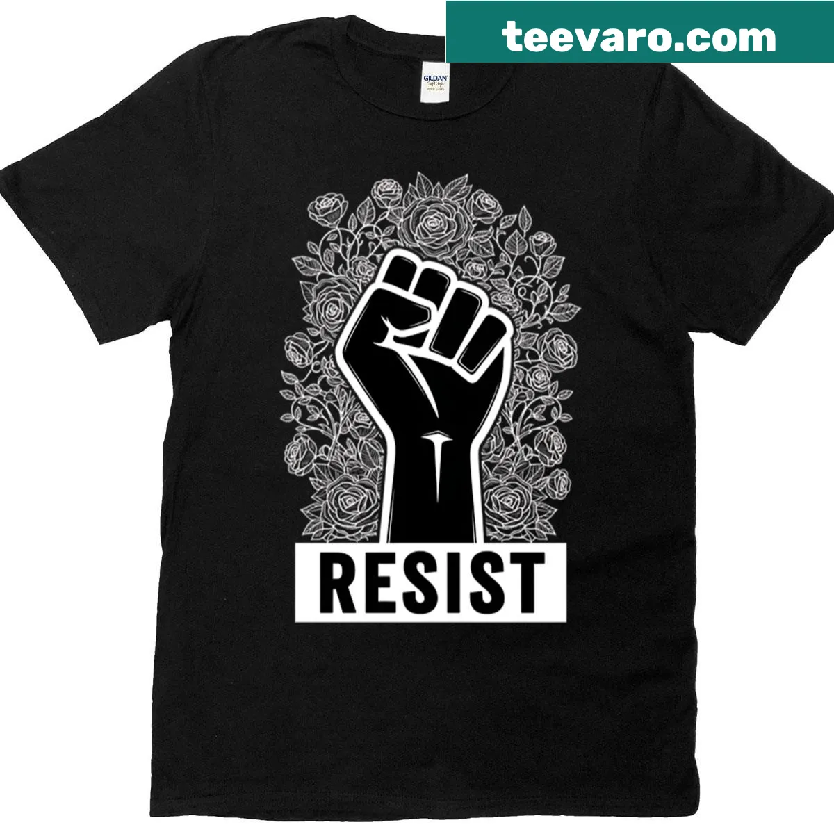 Illustrated raised fist and floral design on a protest-themed T-shirt — on a men's t-shirt