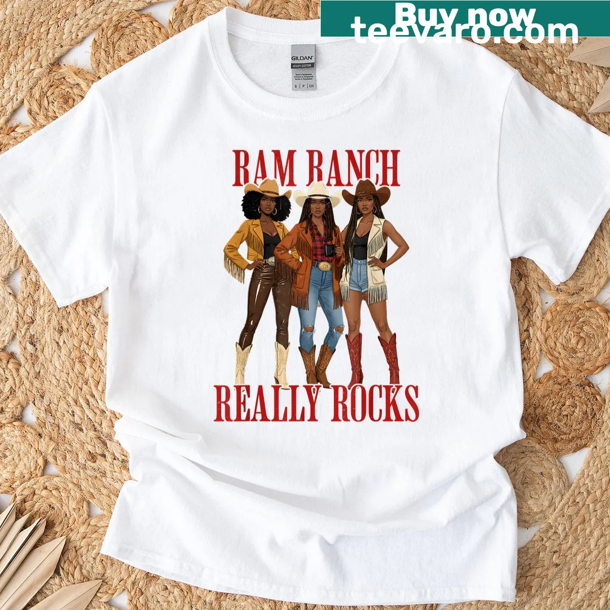 Illustrative cowgirl design on Ram Ranch T-shirt for Western pride — on a men's t-shirt