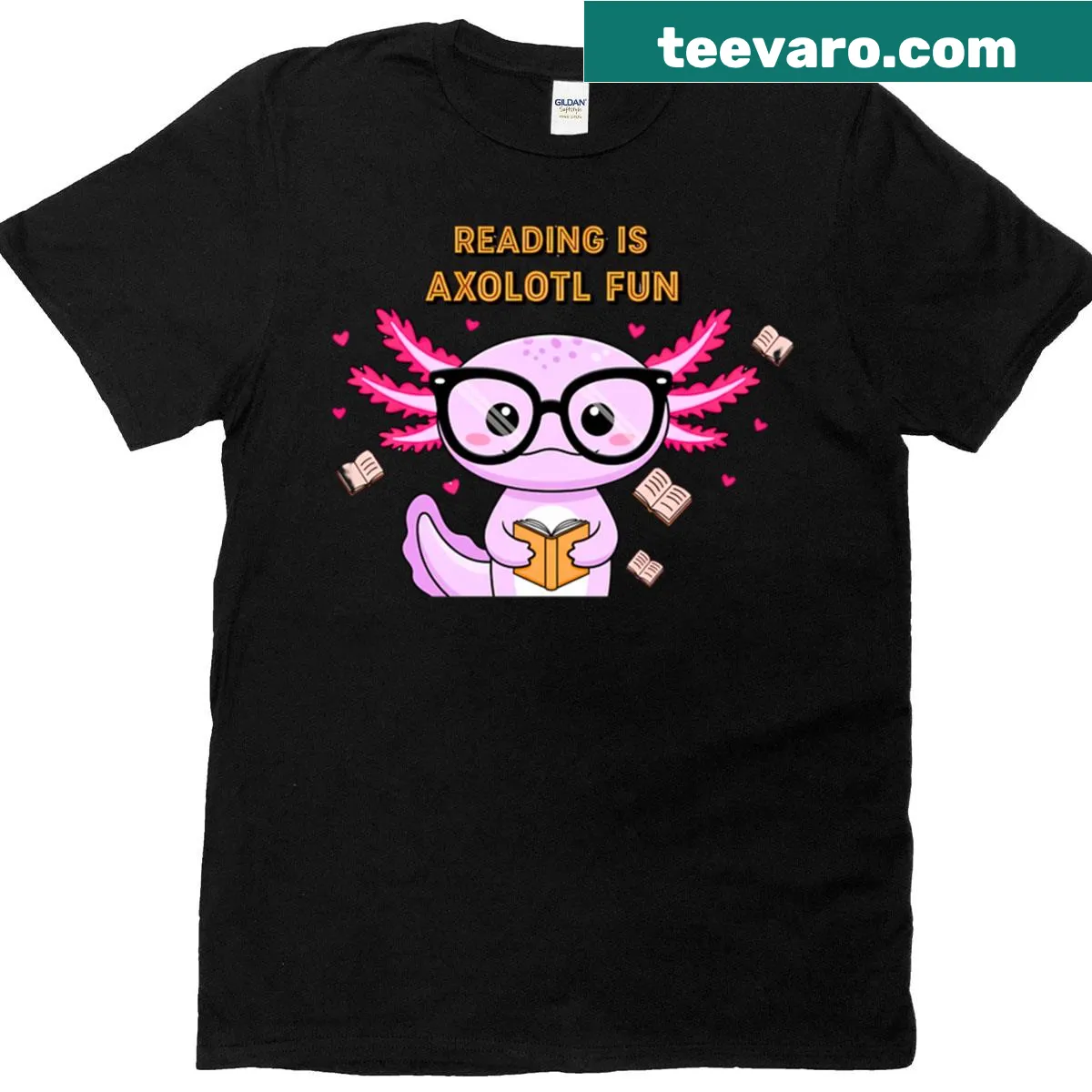Funny t-shirt with axolotl and reading theme — on a men's t-shirt