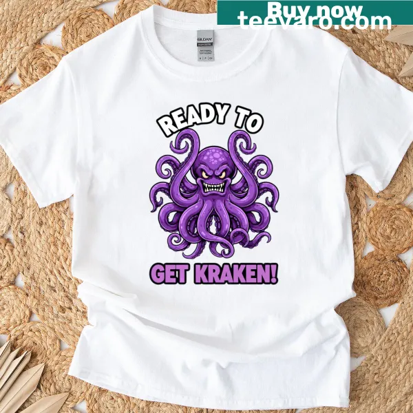 T-shirt featuring a playful illustration of a kraken ready to emerge from the ocean.
