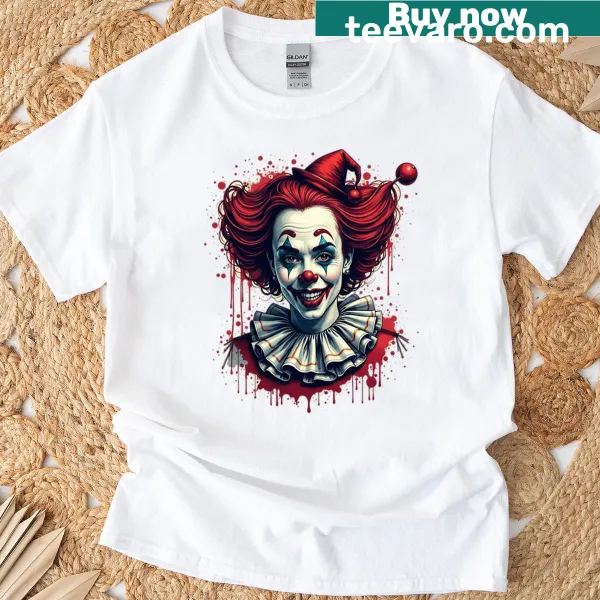 Playful illustration of a red clown on a t-shirt