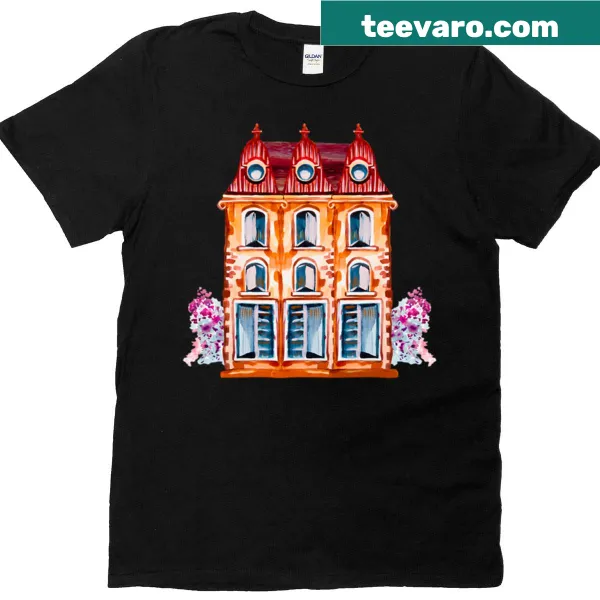 Watercolor illustration of a Renaissance-style dollhouse on a t-shirt
