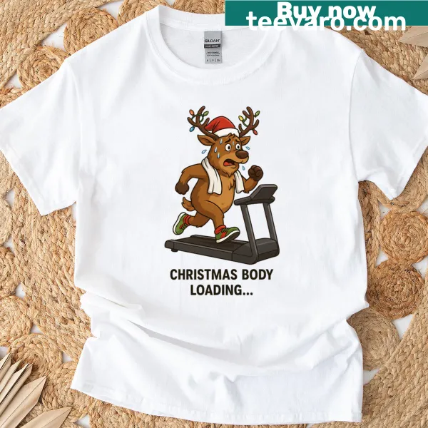 Cartoon reindeer on a treadmill in a humorous graphic design.