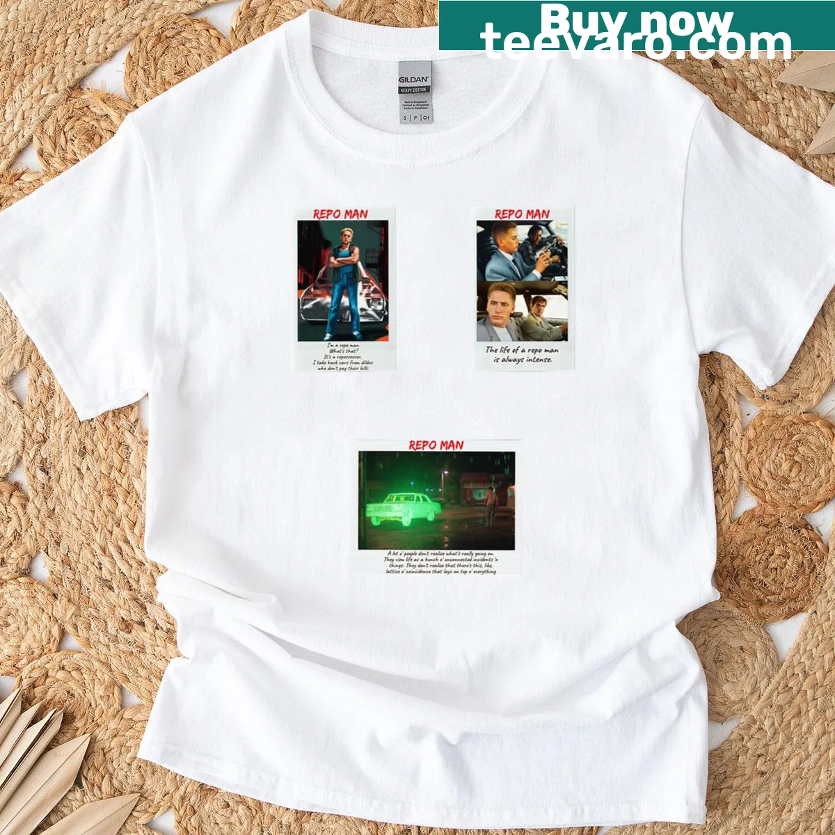 T-shirt featuring various stickers inspired by the movie Repo Man — on a men's t-shirt