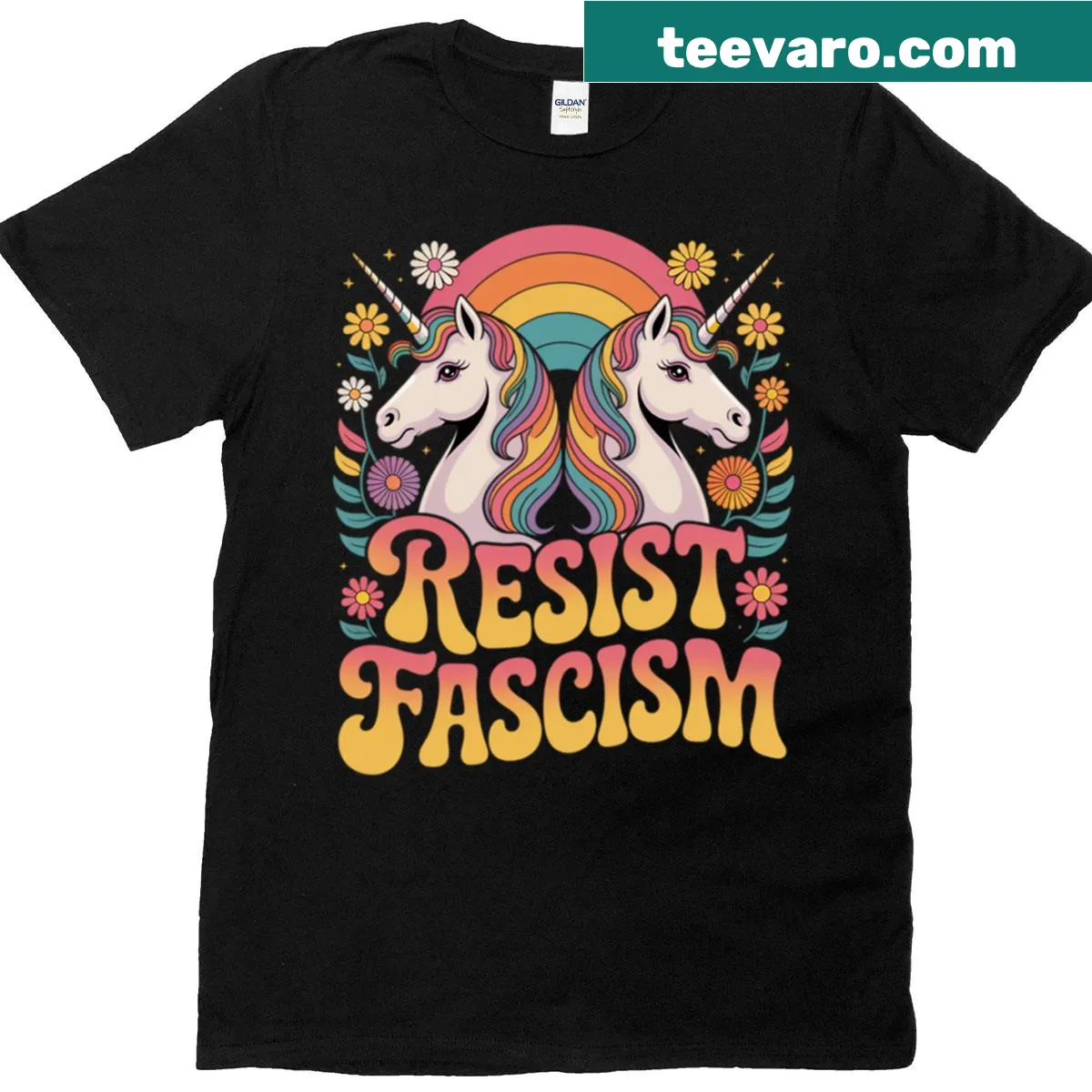Retro unicorn and rainbow design T-shirt with a message against fascism. — on a men's t-shirt