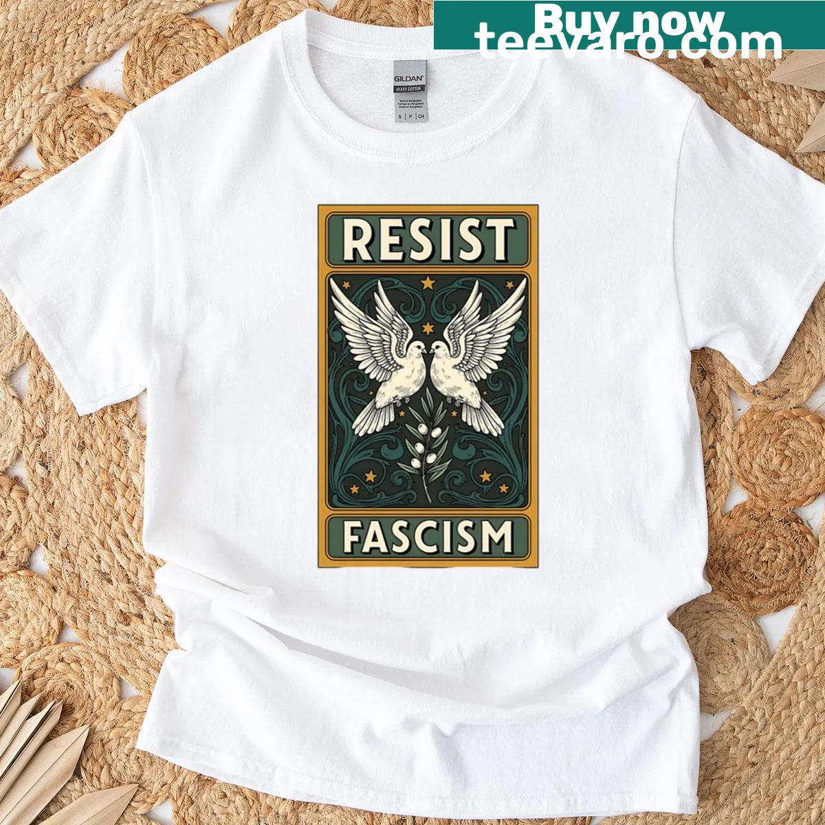 Vintage T-shirt featuring doves and olive branches graphic — on a men's t-shirt