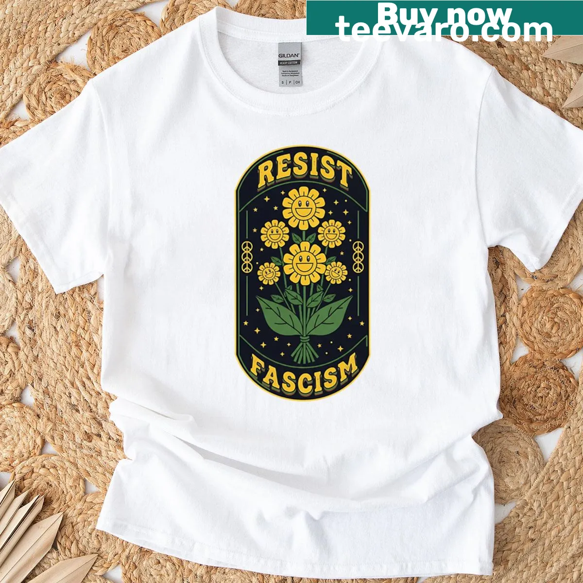 T-shirt featuring sunflowers and 'Resist Fascism' text — on a men's t-shirt