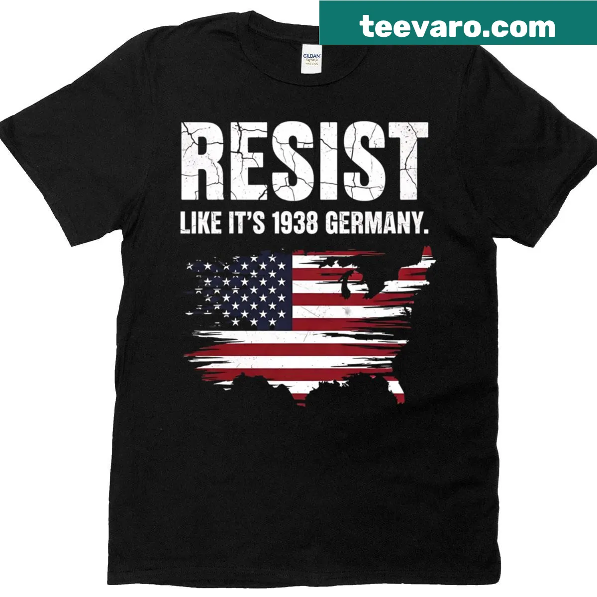 American flag protest t-shirt featuring the text 'Resist Like It's 1938 Germany'. — on a men's t-shirt