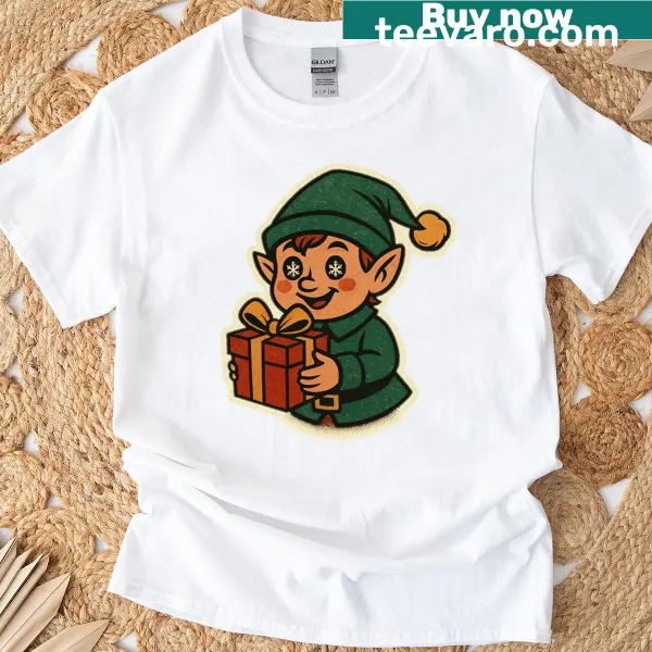 Vintage cartoon elf with a gift on a T-shirt for Christmas
