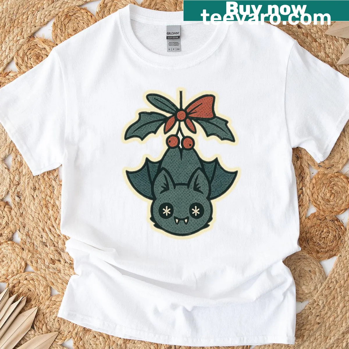 Retro Christmas horror characters under mistletoe on t-shirt — on a men's t-shirt