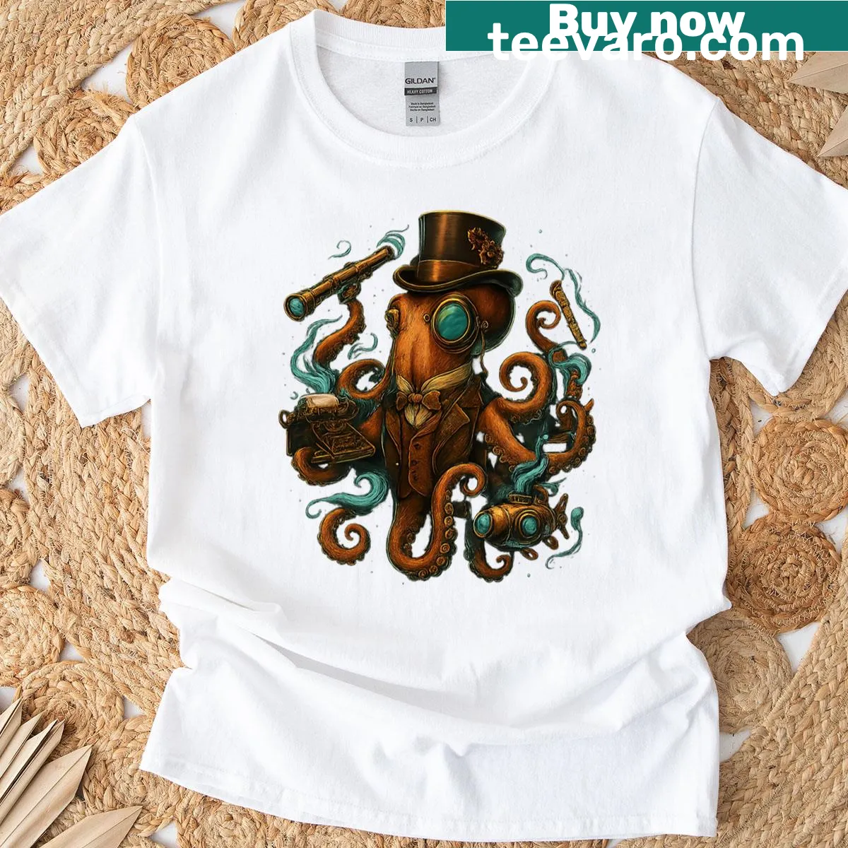 Illustrative octopus design with steampunk elements in a laboratory setting. — on a men's t-shirt