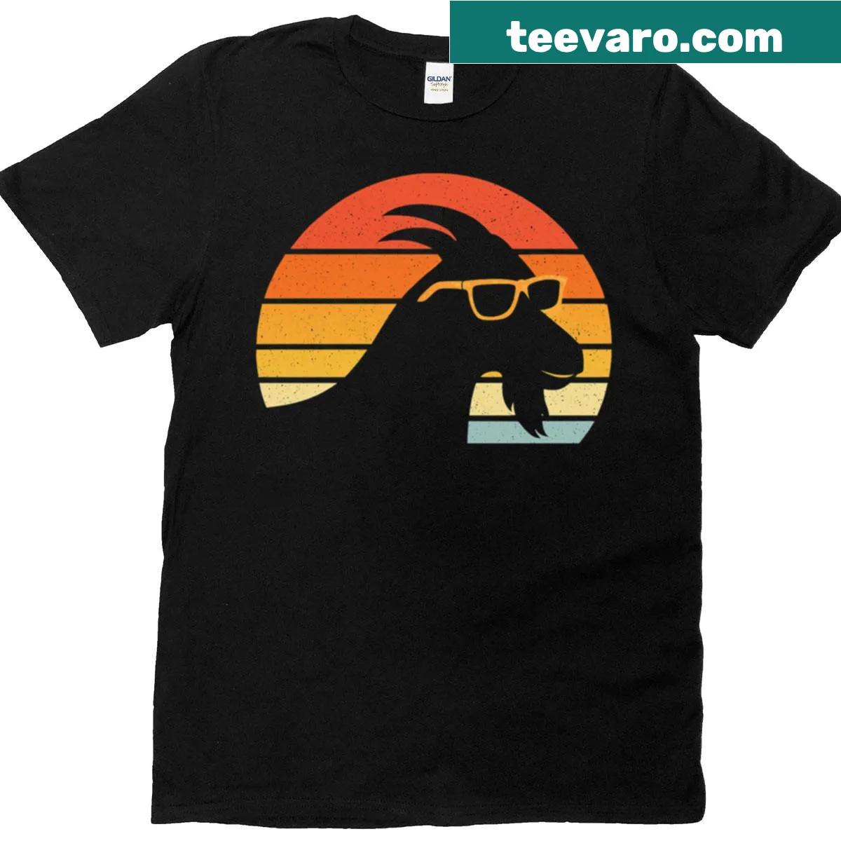 T-shirt with a retro goat wearing sunglasses and a vintage sunset design. — on a men's t-shirt