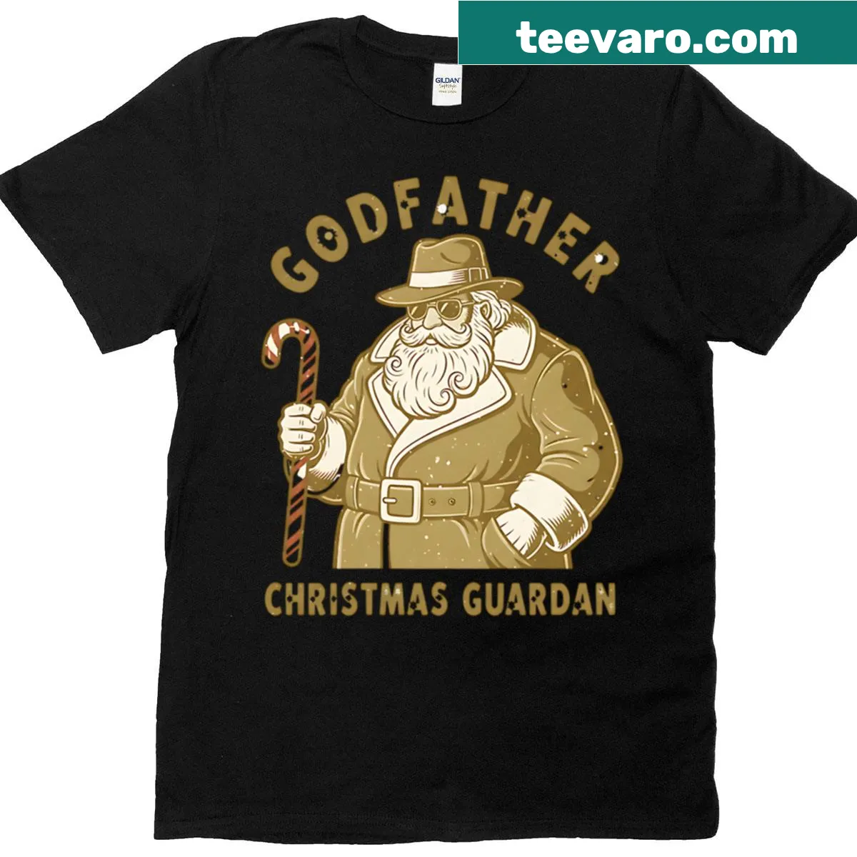 Oversized vintage Christmas t-shirt featuring Godfather with cane — on a men's t-shirt
