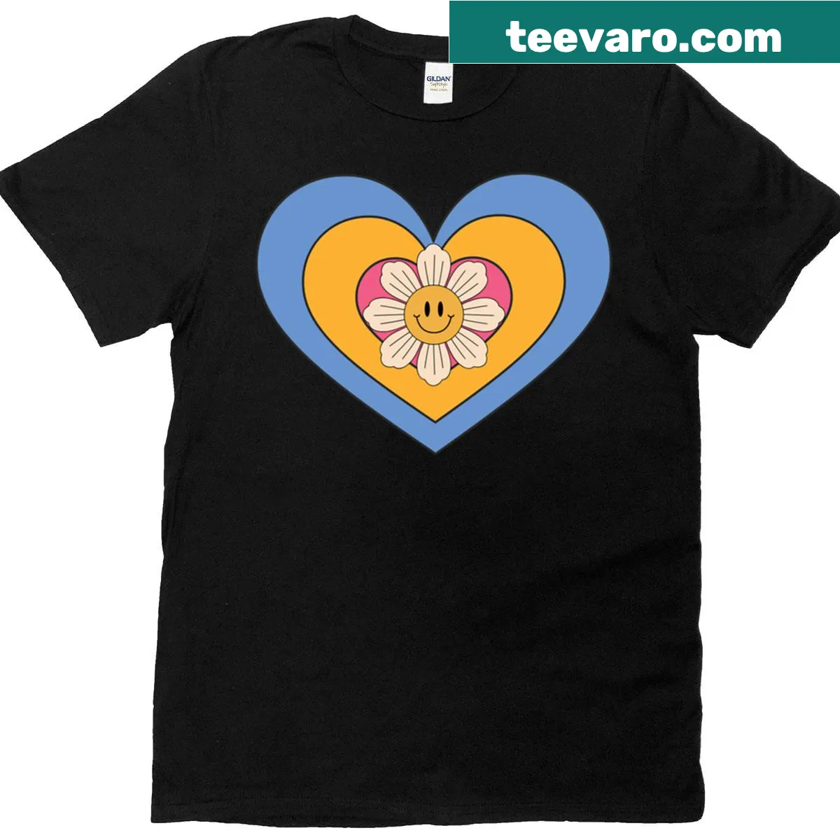 Retro layered heart and flower art on oversized t-shirt — on a men's t-shirt
