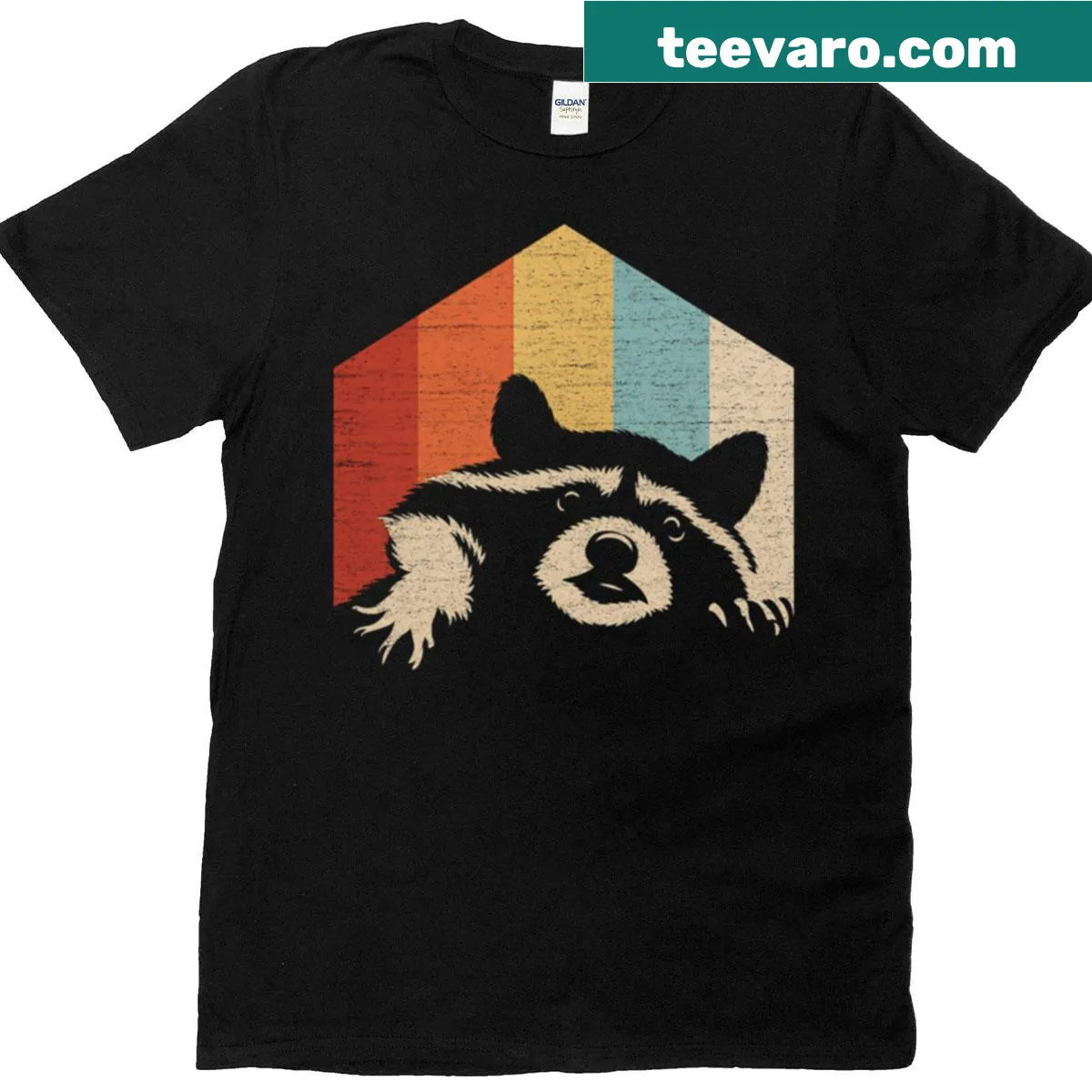 Vintage striped t-shirt featuring a peeking raccoon graphic. — on a men's t-shirt