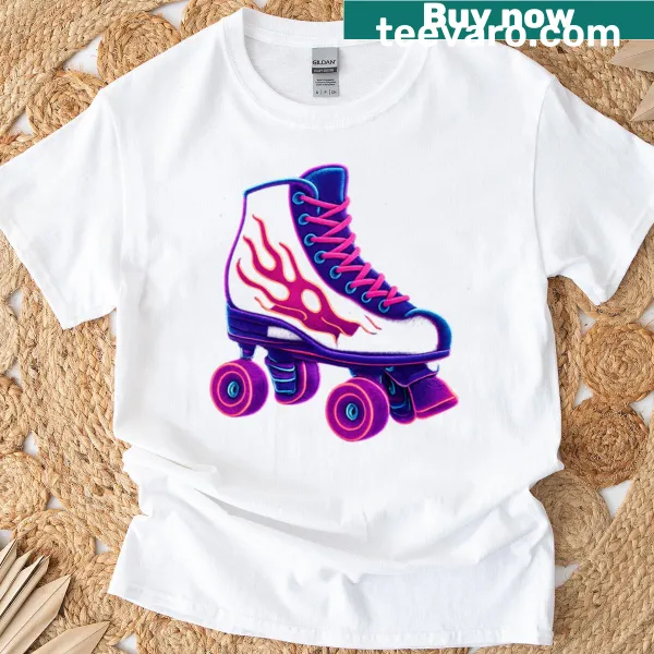 T-shirt with a retro roller skate design and neon flames